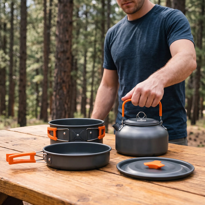 Complete portable camp kitchen cook set with pot, pan & utensils, ready for outdoor recreation.