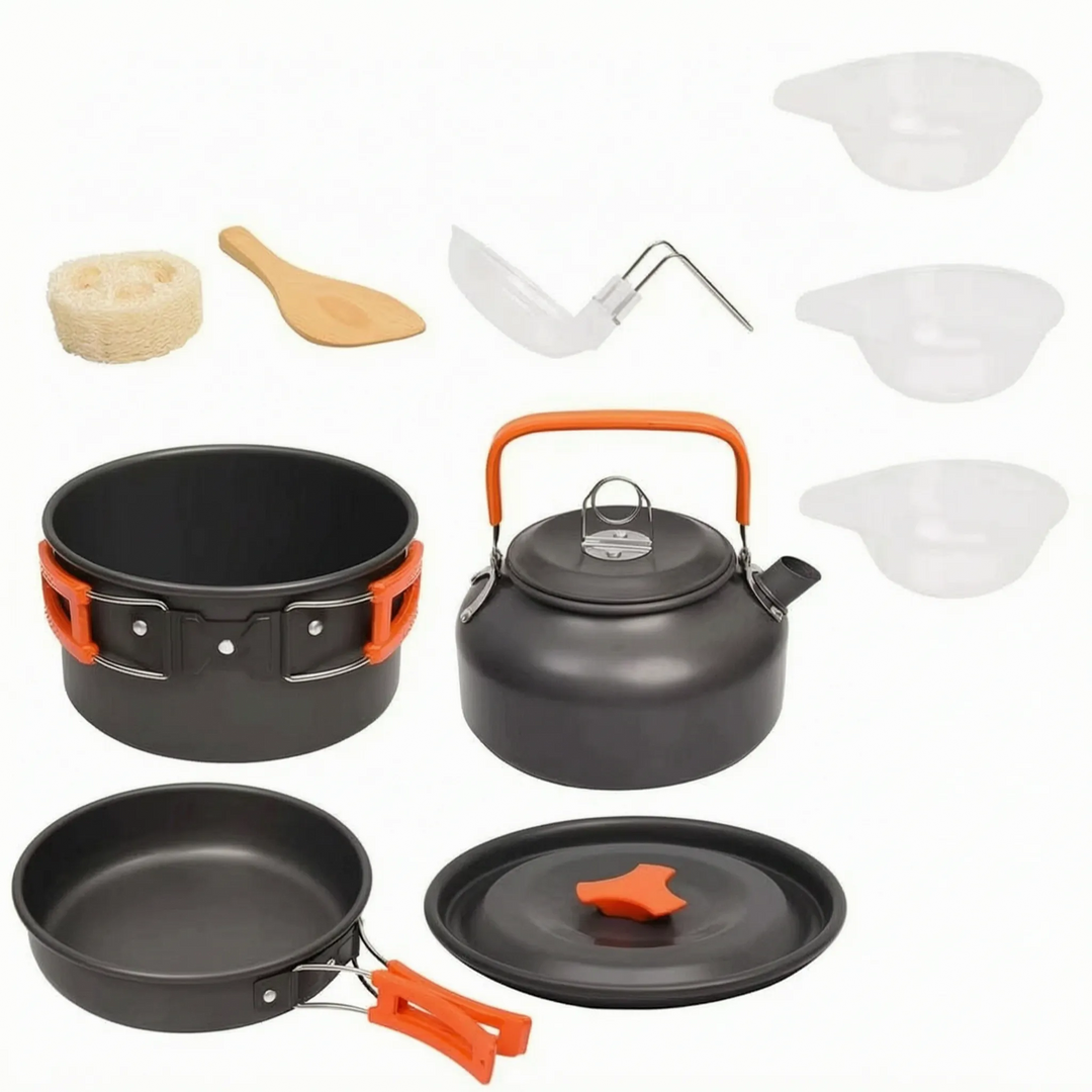 Portable camping cook set nested for compact storage, essential hiking gear for any outdoor enthusiast.