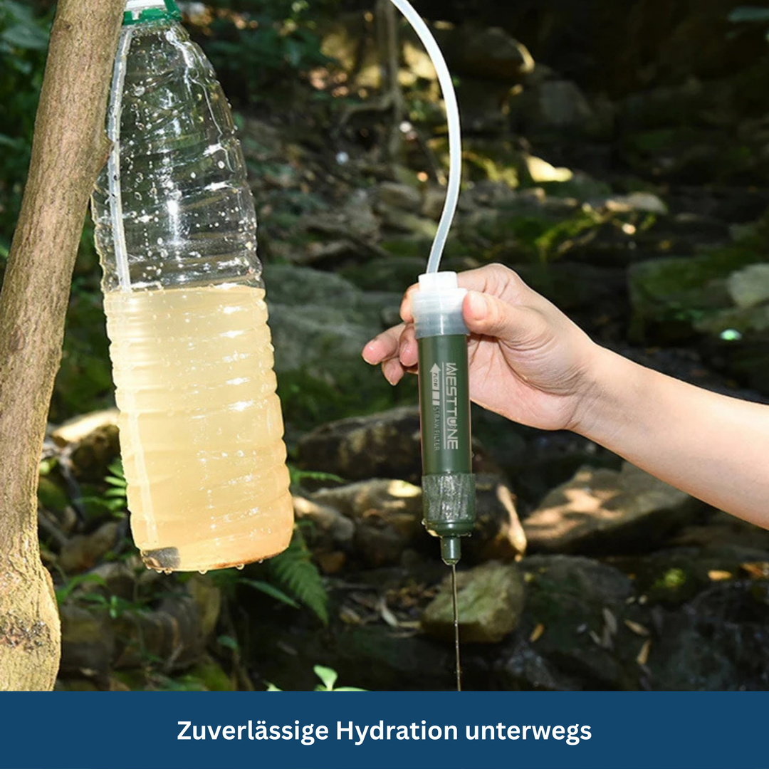 Portable water purification straw, essential gear for survival and emergency preparedness.