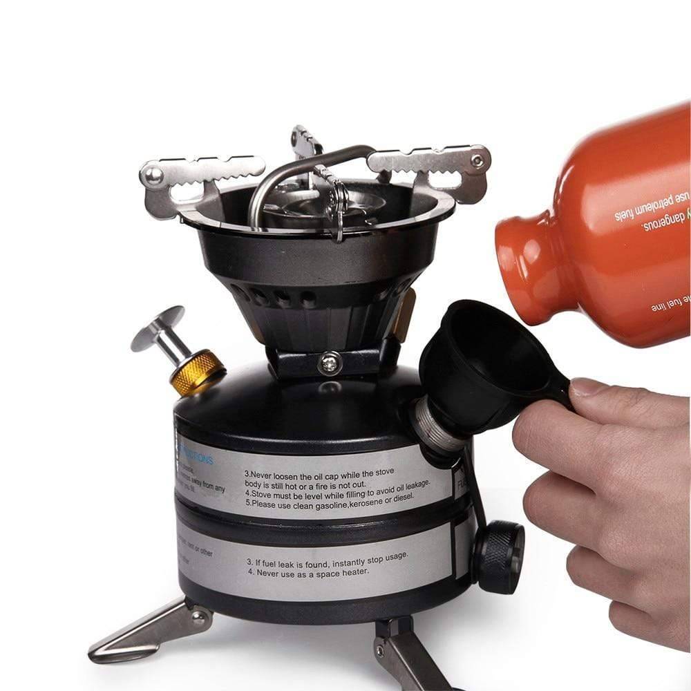Compact portable camping stove for outdoor cooking, ideal for hiking and travel, multi-fuel compatible burner