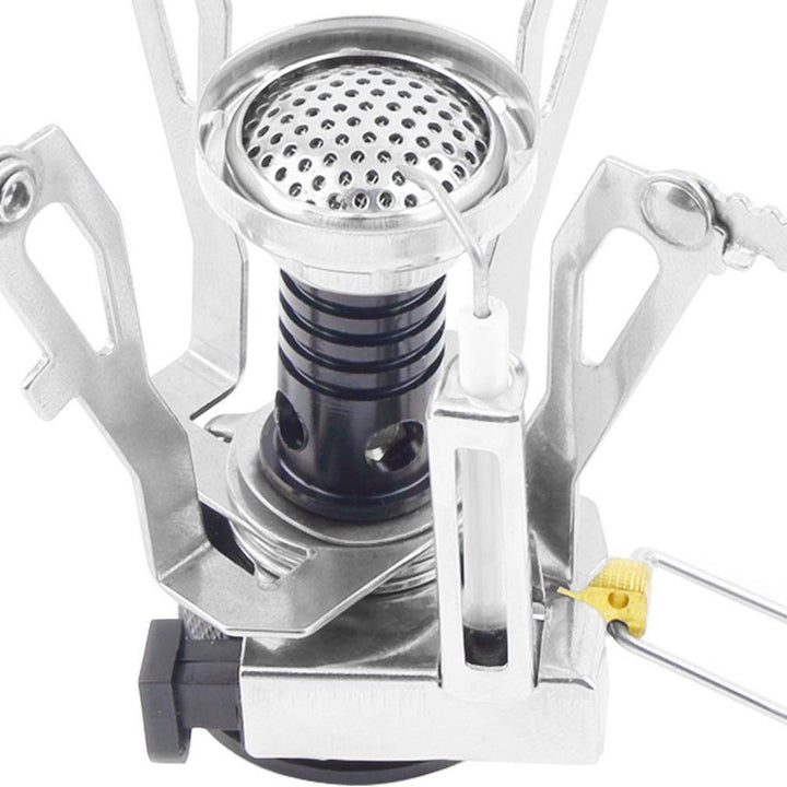 Portable camping stove with robust construction and piezo ignition, perfect for hiking and travel gear