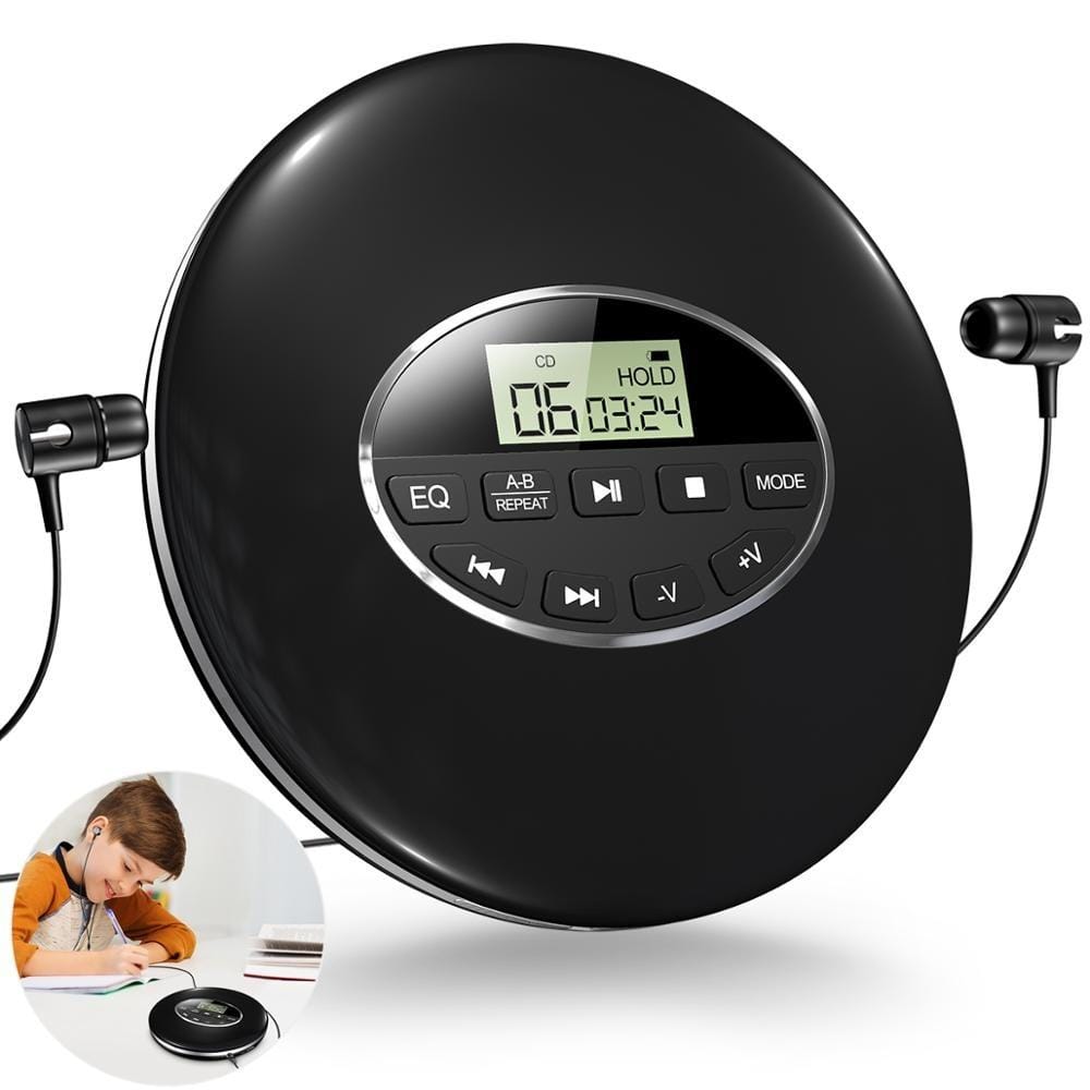 Compact portable CD player for car use with anti-skip protection. Perfect for on-the-go music listening.