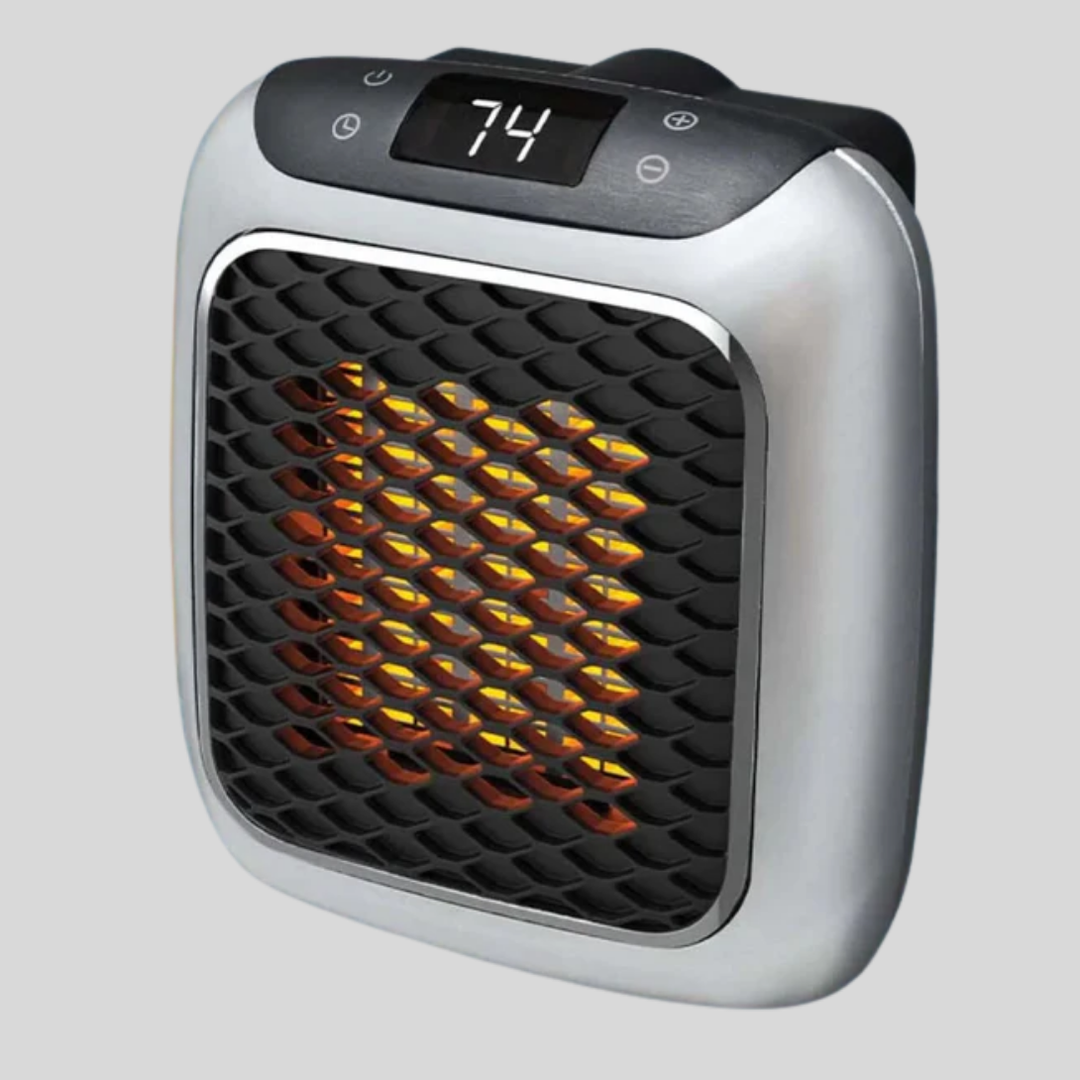 Compact portable ceramic heater with digital display. Efficient electric personal space heater for desk, home office warmth.