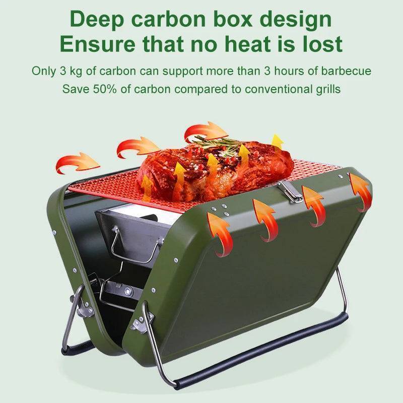 Foldable charcoal grill designed for easy transport, ideal for picnics and backyard BBQs.