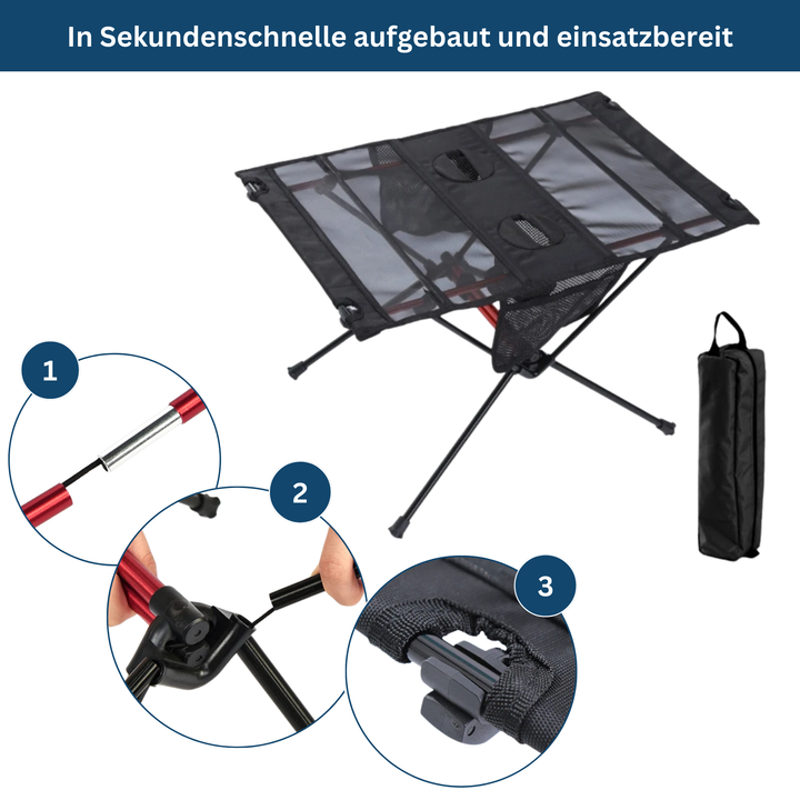 Lightweight aluminum outdoor camping table with carry handle for easy transport.