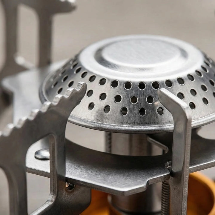 Durable compact gas camping stove, folded for portability. Ideal outdoor cooking equipment for backpacking & adventure.