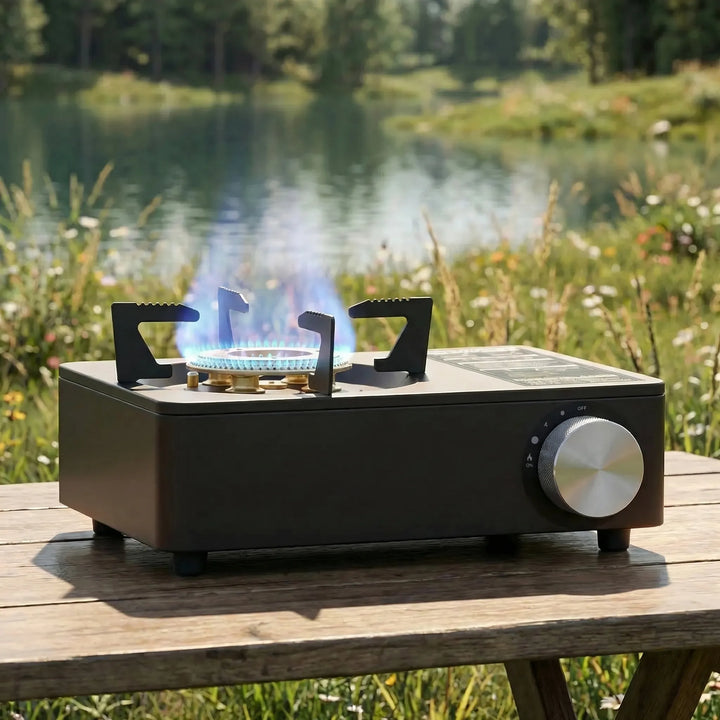 Compact portable gas stove for camping, hiking, and outdoor cooking. High-output burner for quick meals.