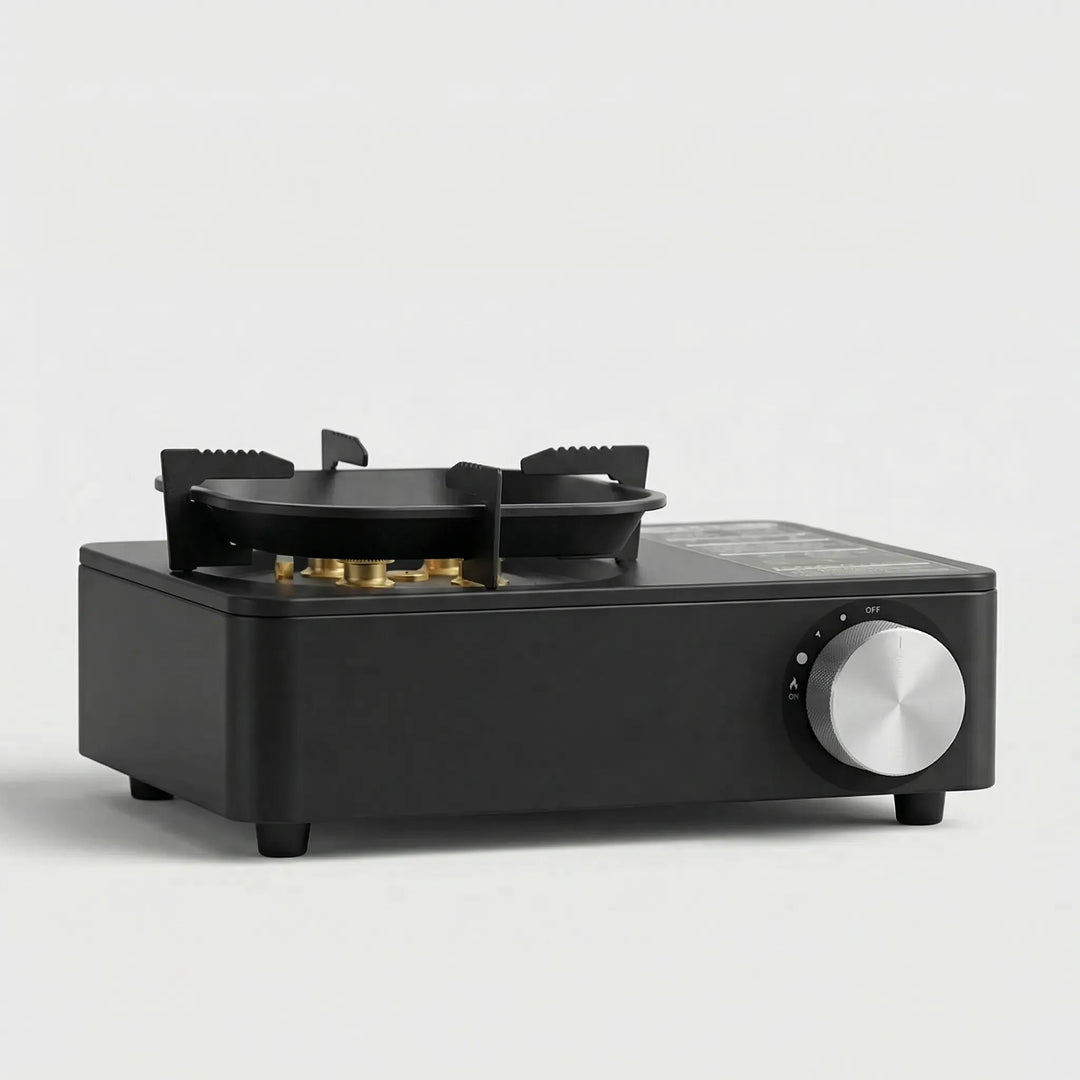 Butane camping stove, lightweight & portable, ideal for backpacking and outdoor kitchen setups.