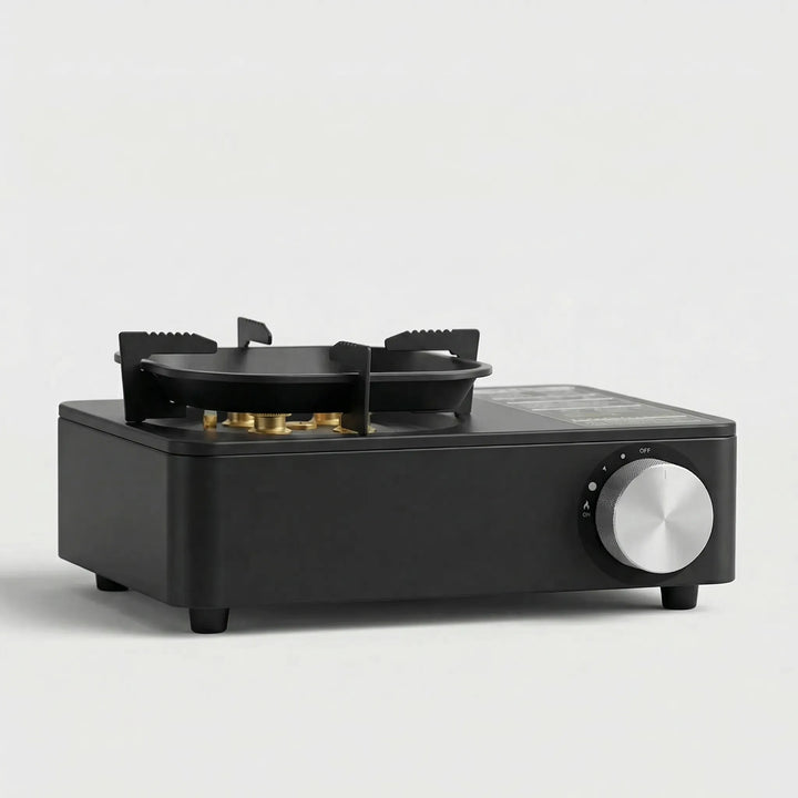 Butane camping stove, lightweight & portable, ideal for backpacking and outdoor kitchen setups.