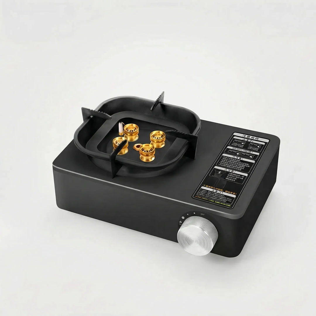 Quick-setup portable gas stove, high-output burner for easy and efficient outdoor camp kitchen cooking.