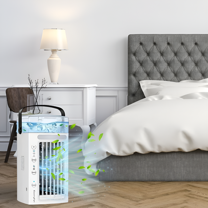 Compact portable personal air cooler with an easy carry handle, ideal for desktop, office, or travel. Quiet mini fan.