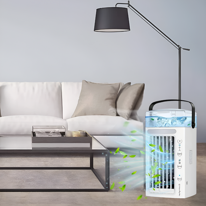 Personal air cooler and portable fan providing refreshing cool air for home, office desk, or travel during summer.
