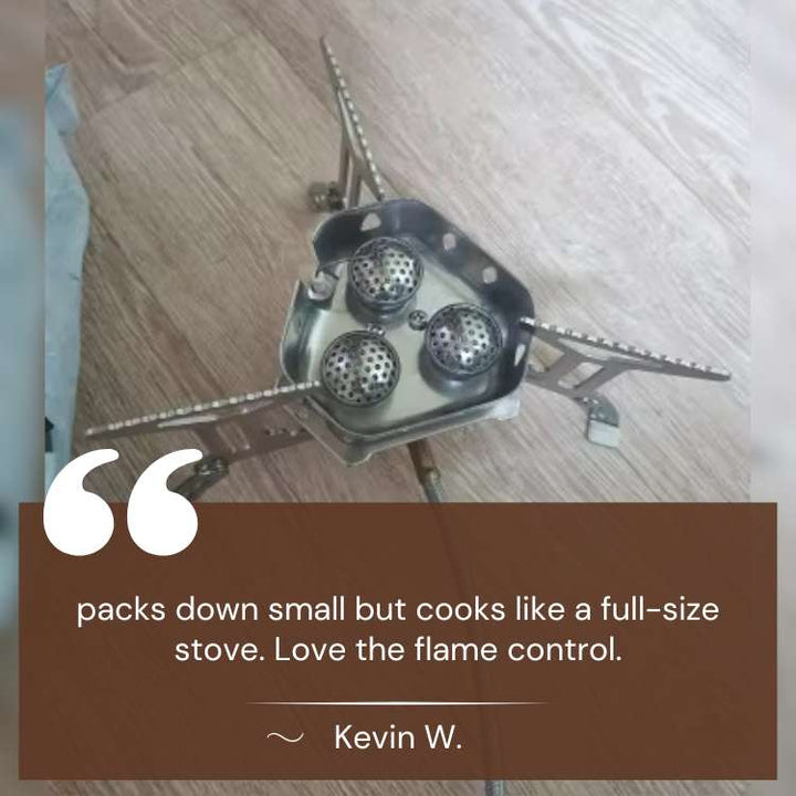 Top-down view of a modern portable gas camping stove, showing its efficient burner for quick outdoor meals.