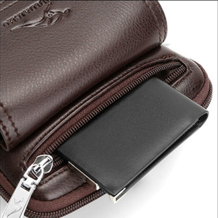 Front view of men's compact PU leather crossbody bag, sleek design with an adjustable strap for modern style.