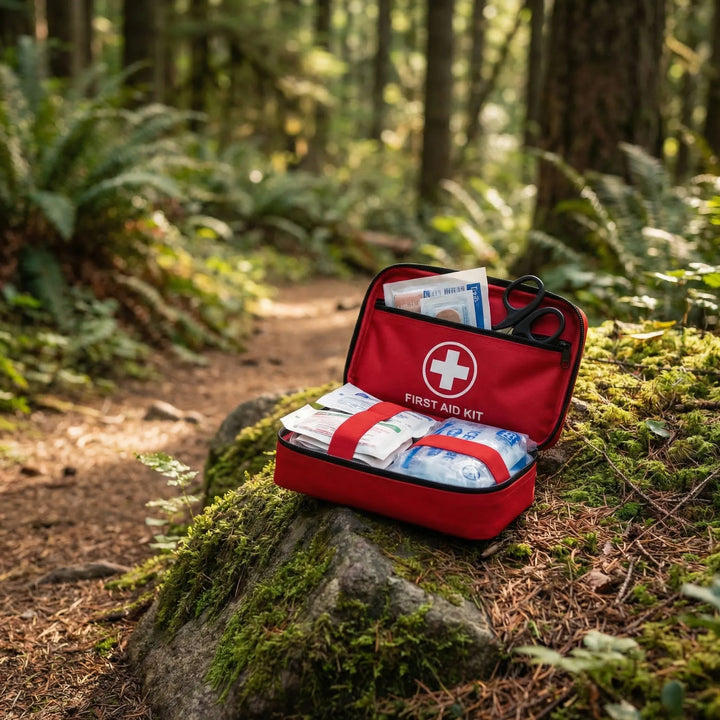Compact red waterproof first aid kit for emergencies, travel, camping, and hiking. Portable survival medical supplies.