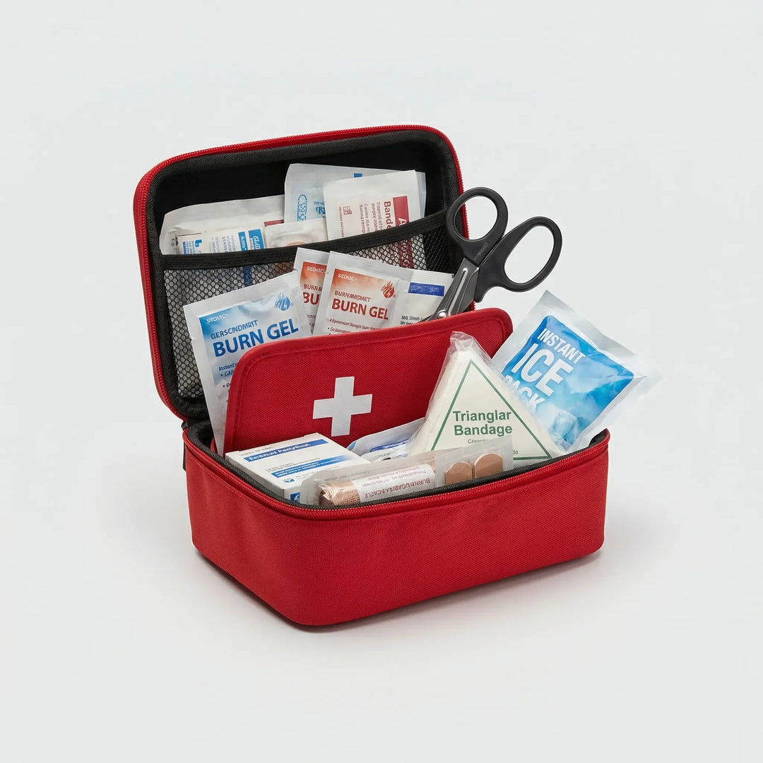 Waterproof red first aid kit for outdoor emergencies, camping, hiking, and travel. Essential portable medical supplies.