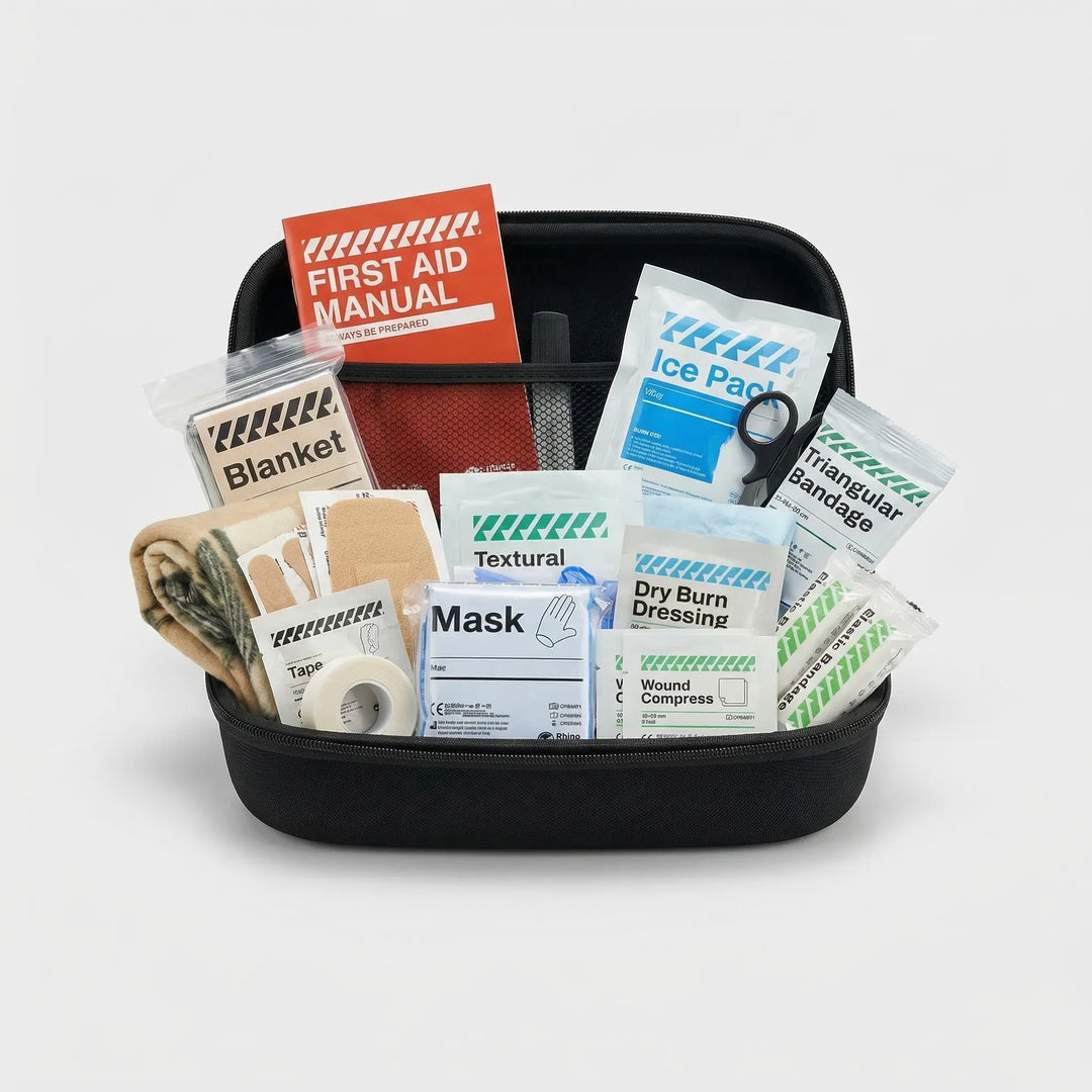 Portable waterproof first aid kit for survival and medical emergencies. Essential for camping, hiking, outdoor safety.
