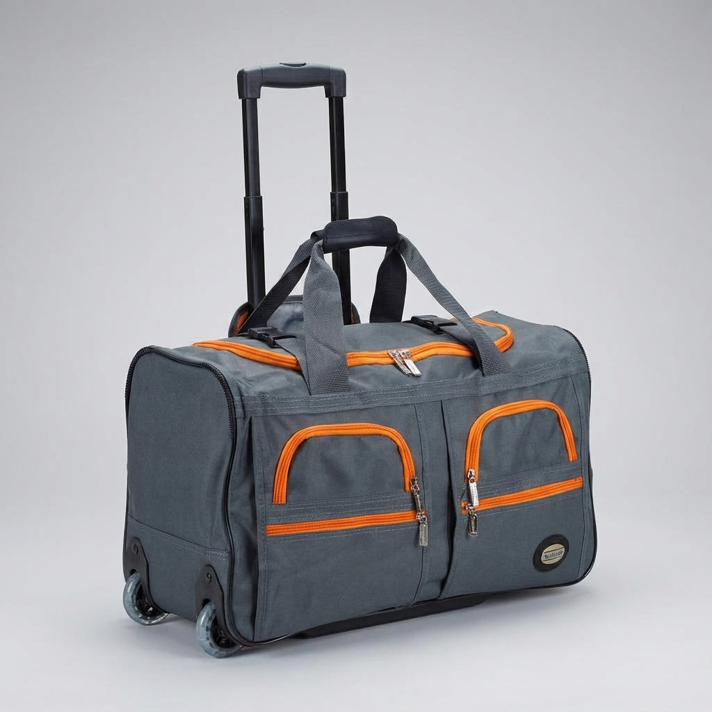 Rolling duffel travel bag with smooth wheels, easy access, compact design.