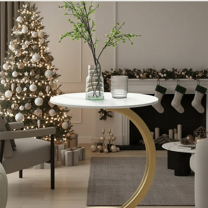 Functional compact round side table, perfect for small living room spaces, offering reinforced stability.