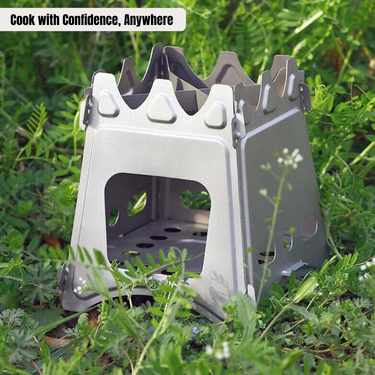 Portable firewood stove with flame, perfect for outdoor camping and emergency preparedness