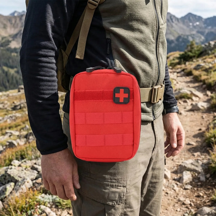 Compact tactical first aid pouch for emergency medical supplies. Durable MOLLE system for outdoor survival & travel.