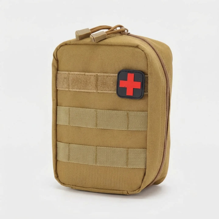 Unisex compact first aid pouch with MOLLE. Essential portable medical kit for travel, hiking & outdoor survival.