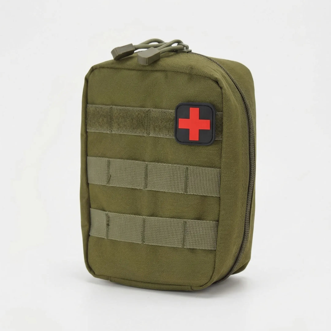 Compact tactical medical pouch with internal organization, vital for emergency preparedness & outdoor activities.