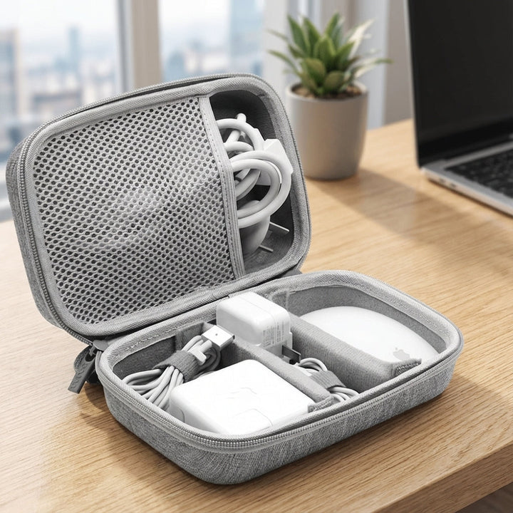 Compact travel tech organizer pouch for cables, chargers & electronic gadgets. Keep accessories tidy.