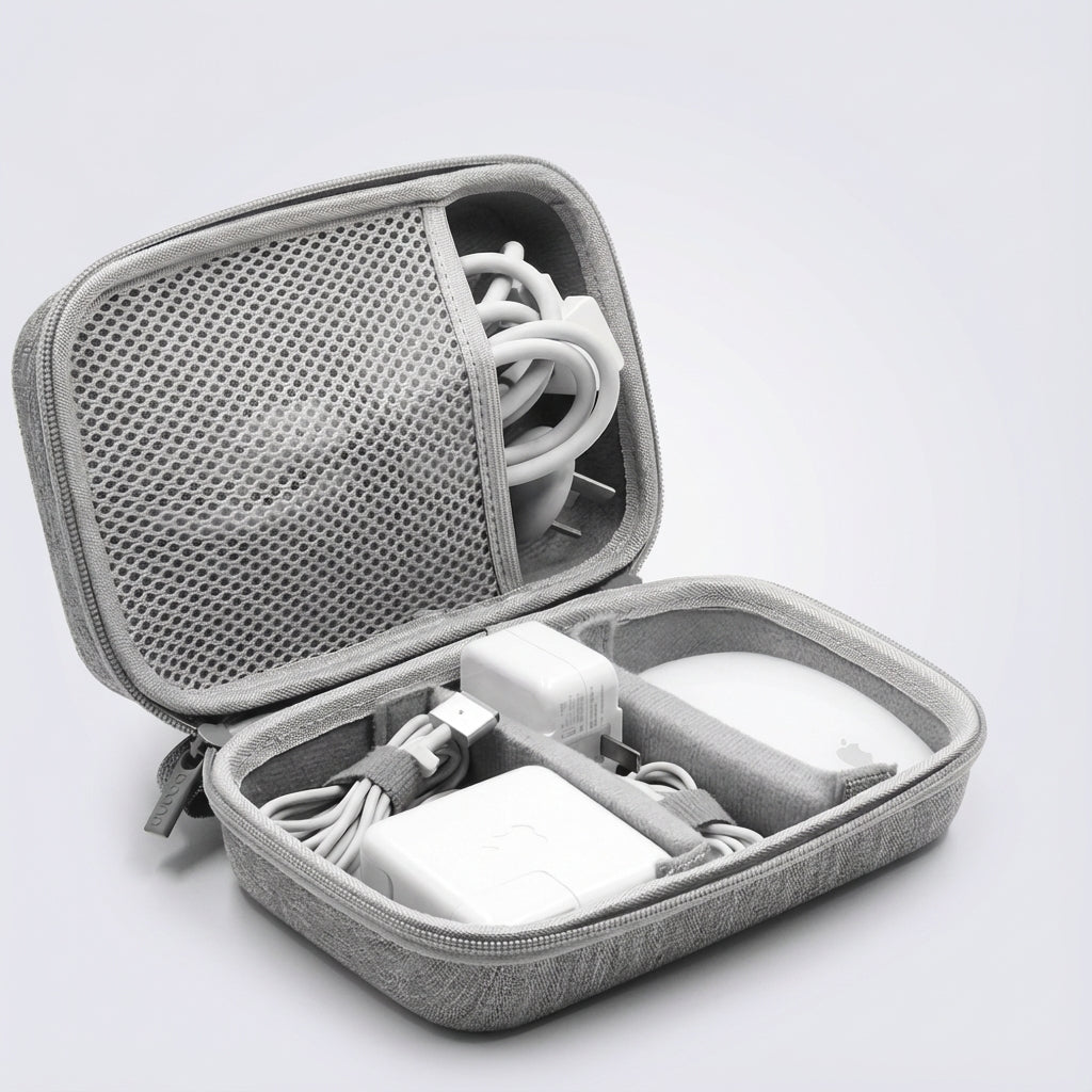 Portable travel organizer for electronics accessories like USB cables, power banks & headphones.