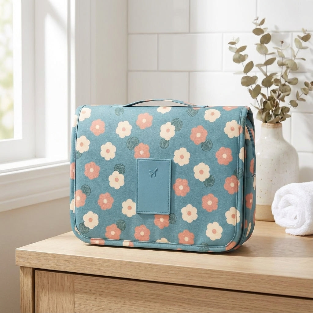 Compact unisex hanging toiletry bag for travel, perfect for organizing bathroom essentials on trips.