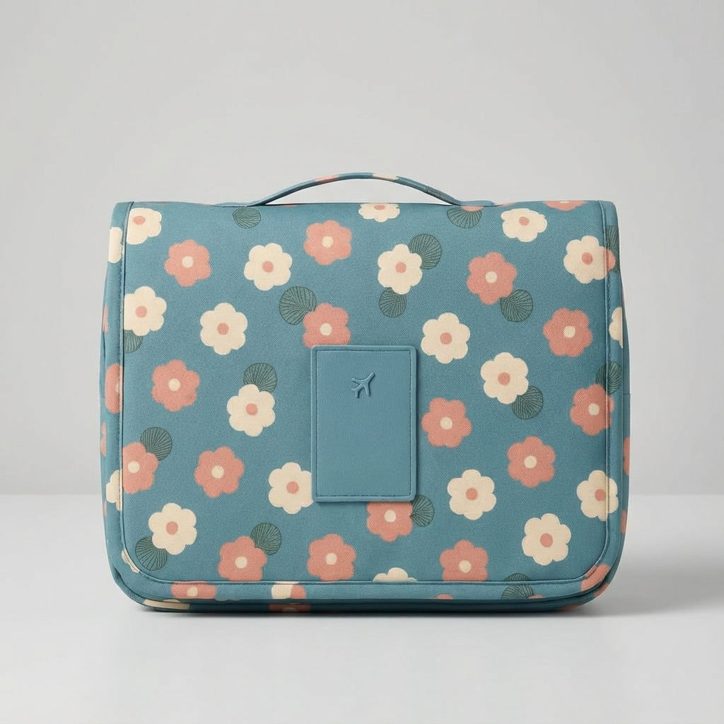Unisex compact hanging toiletry bag with floral design, ideal for travel organization and bathroom storage.