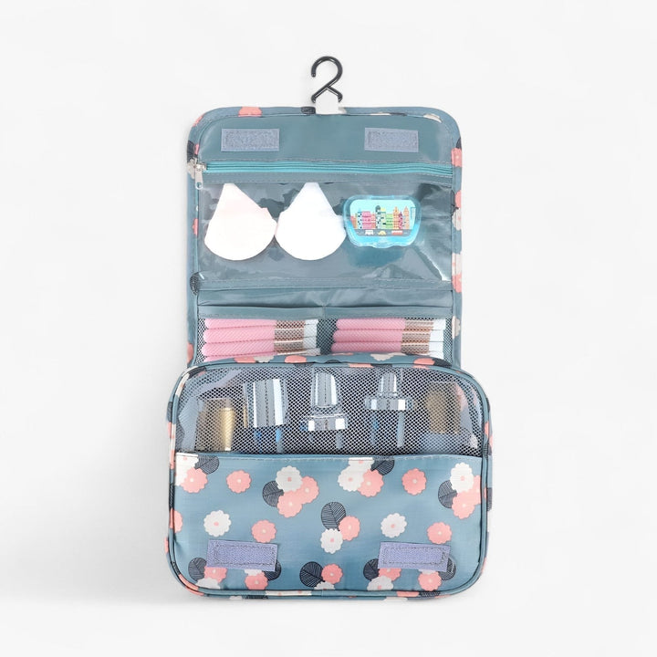 Space-saving compact hanging travel bag for toiletries, keeps all your travel essentials organized and accessible.