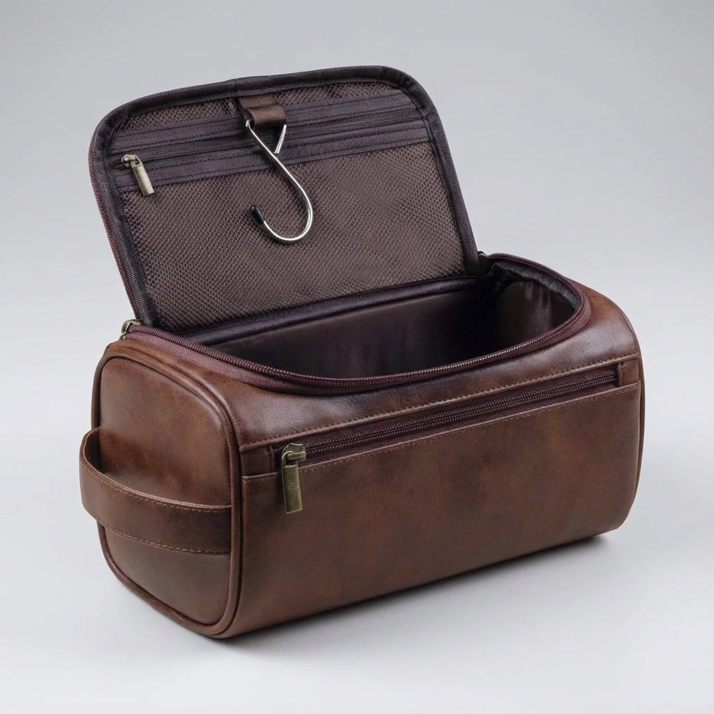 Spacious compact travel cosmetic bag for men & women, featuring multiple compartments & a hanging hook.