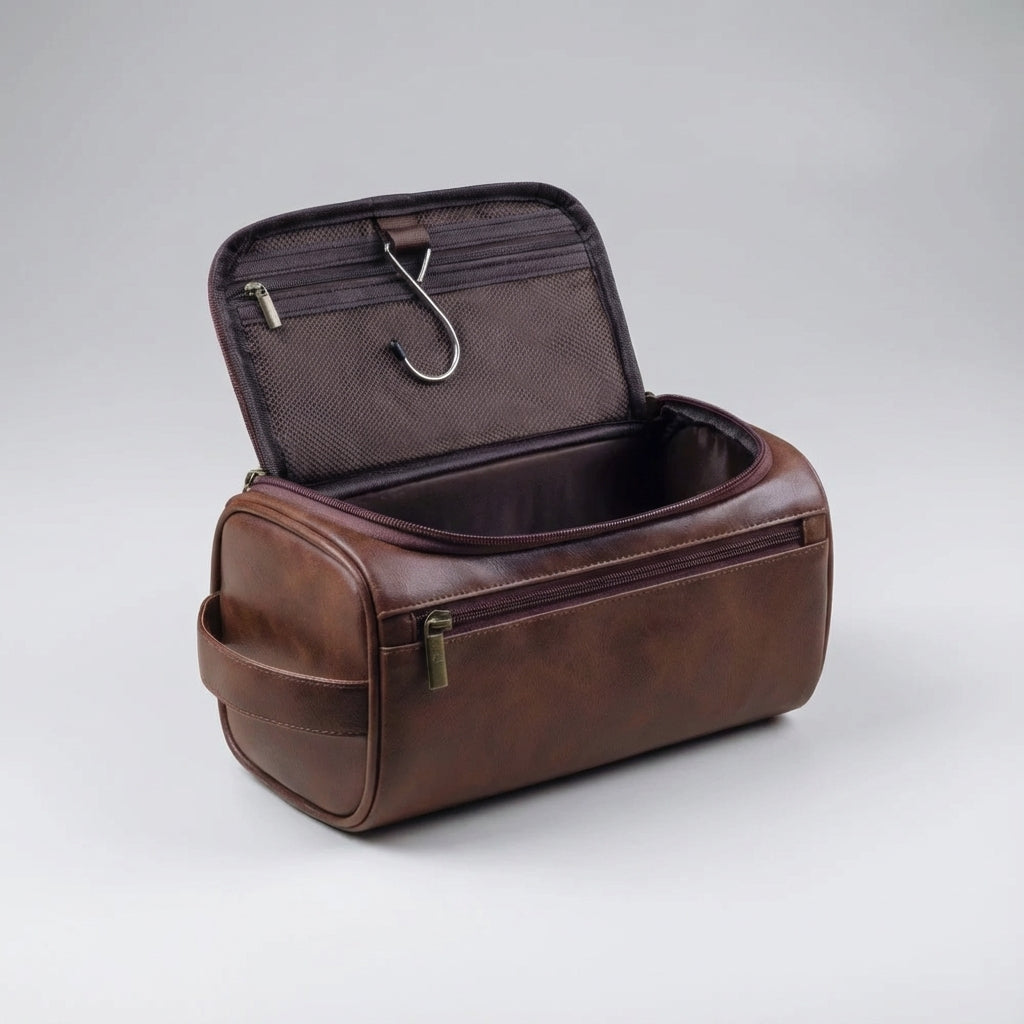 Efficient travel organizer toiletry bag for essentials & cosmetics, compact design with a handy hanging hook.