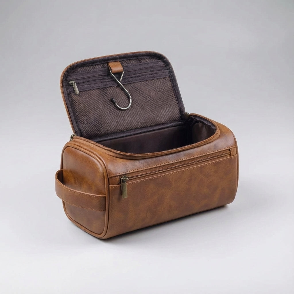 Durable, water-resistant compact travel toiletry bag with a secure zipper & an integrated hanging hook.