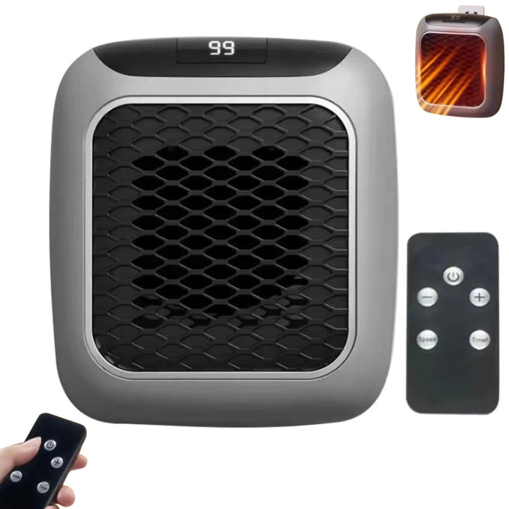 Compact wall plug-in heater with remote control, ideal for quick warmth in small spaces or home office.