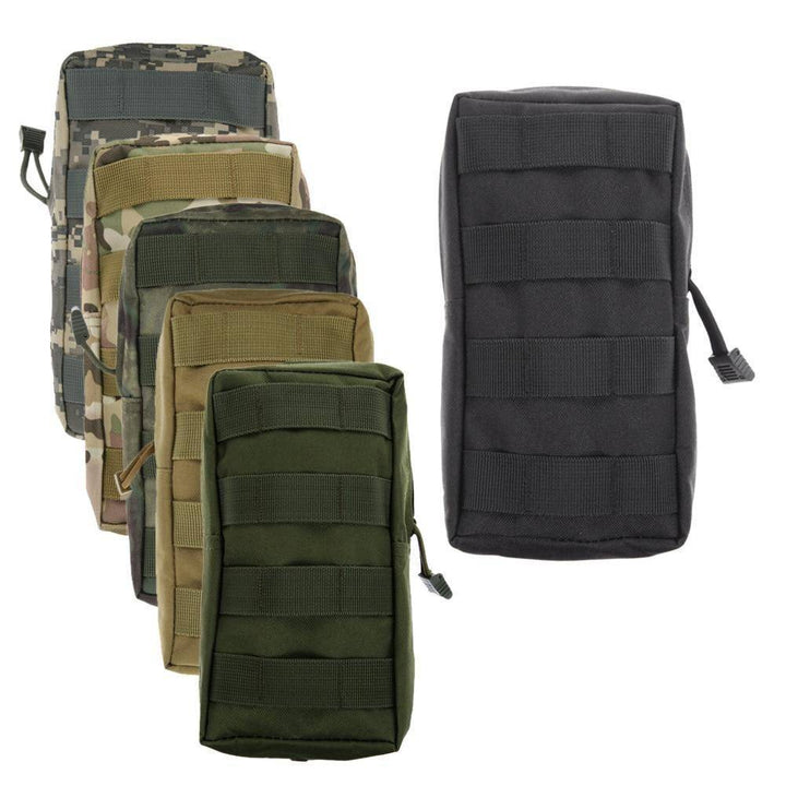 Close-up of black tactical EDC pouch, water-resistant nylon, ideal for outdoor storage and survival gear