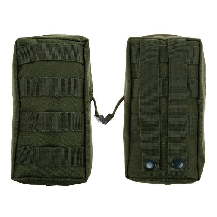 Tactical MOLLE pouch attached to a backpack, showing compact size and water-resistant fabric for EDC