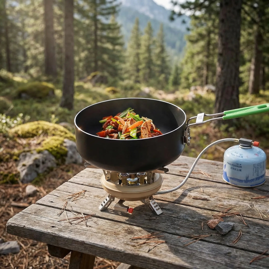 Compact windproof camping stove with high-output burner, perfect for outdoor cooking and backpacking adventures.