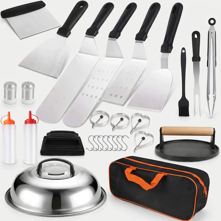 Premium 29-piece stainless steel grilling tools, perfect for outdoor BBQ, flat top, & camping cooking.
