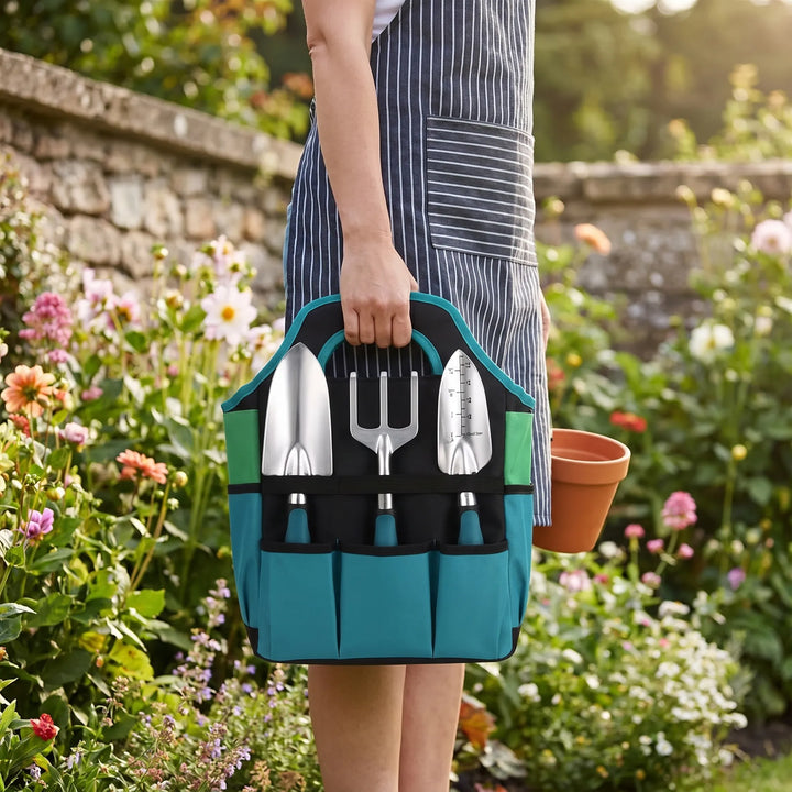 Complete gardening tool set with tote bag & mat for indoor/outdoor plant care, digging & pruning.