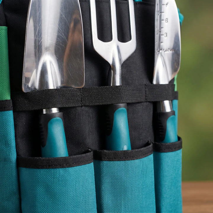 Portable gardening tool set with durable tote bag & knee mat, perfect for plant care & outdoor digging.