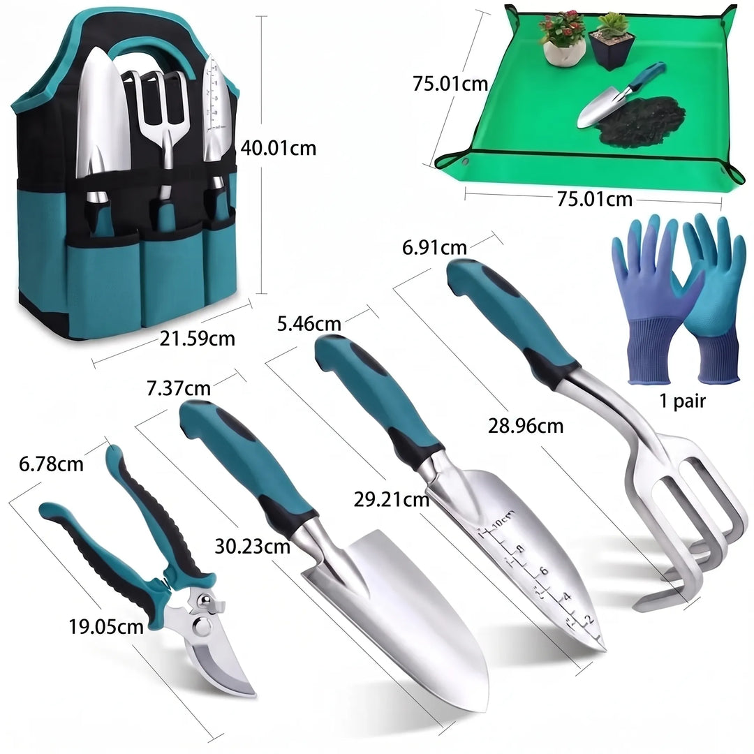 Essential plant care tool set with a sturdy tote bag, garden gloves & kneeling mat for all your gardening needs.