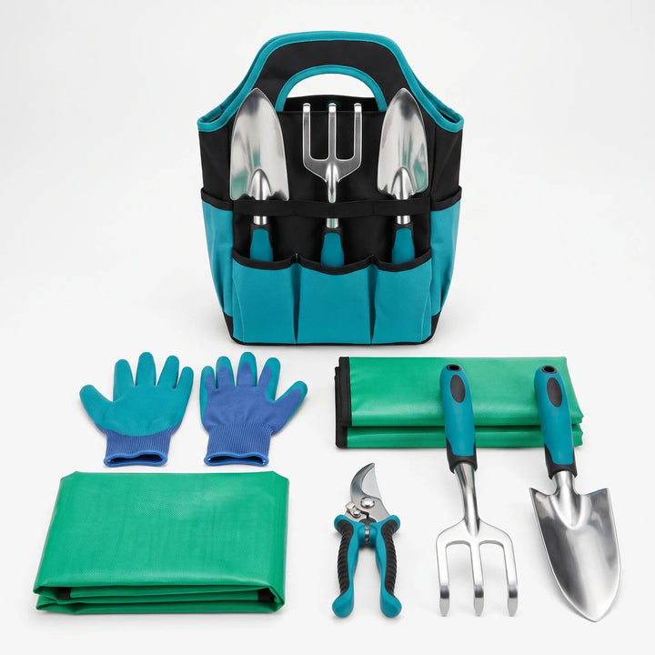 High-quality gardening tool set featuring stainless steel hand tools for pruning, digging & planting, with a tote.