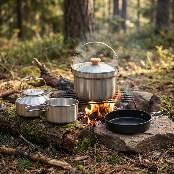 Complete portable camping cookware set: pots, frying pan, kettle for outdoor cooking, hiking, travel & picnic.