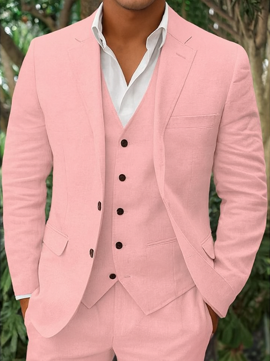 "Completo elegante uomo in lino, tre pezzi, blazer, gilet e pantaloni per occasioni speciali, tessuto leggero, tonalità neutr