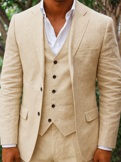 "Completo elegante uomo in lino, tre pezzi, blazer, gilet e pantaloni per occasioni speciali, tessuto leggero, tonalità neutr
