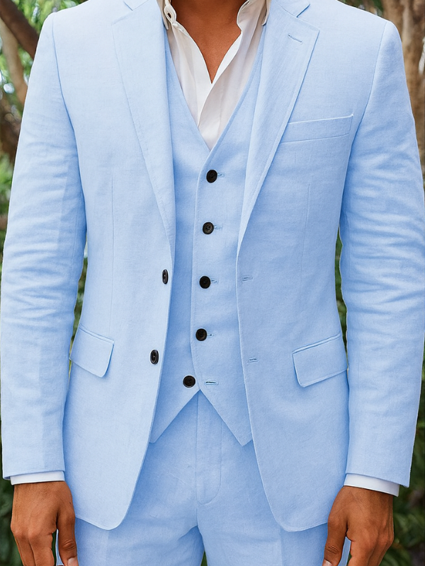 "Completo elegante uomo in lino, tre pezzi, blazer, gilet e pantaloni per occasioni speciali, tessuto leggero, tonalità neutr