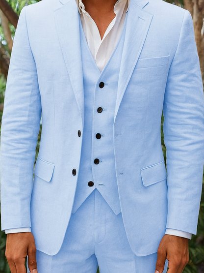 "Completo elegante uomo in lino, tre pezzi, blazer, gilet e pantaloni per occasioni speciali, tessuto leggero, tonalità neutr