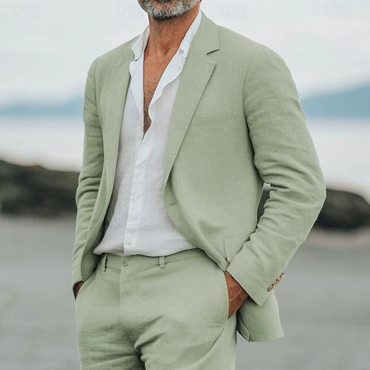 Completo lino uomo elegante estivo, due pezzi. Tessuto leggero, traspirante. Ideale per eventi formali e casual.